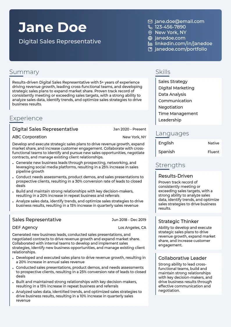 Digital Sales Representative resume example