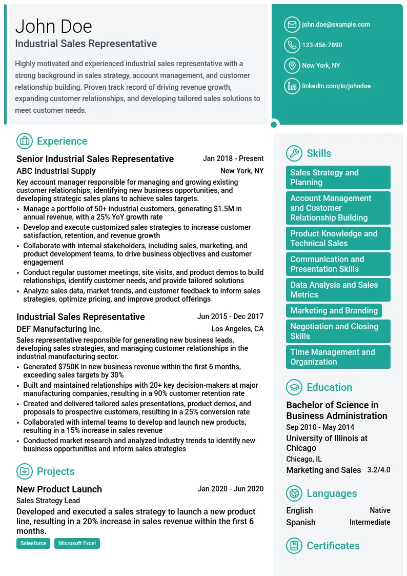 Industrial Sales Representative resume example