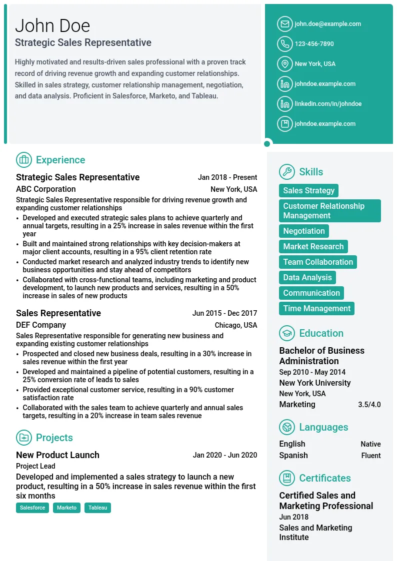 Strategic Sales Representative resume example