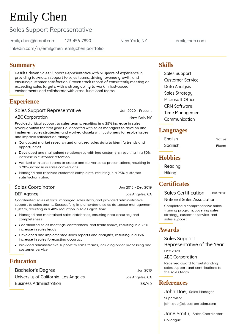 Sales Support Representative resume example