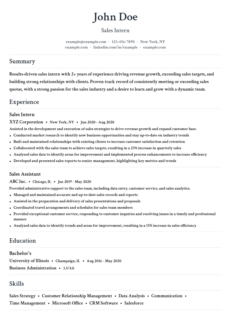 Sales Intern resume example