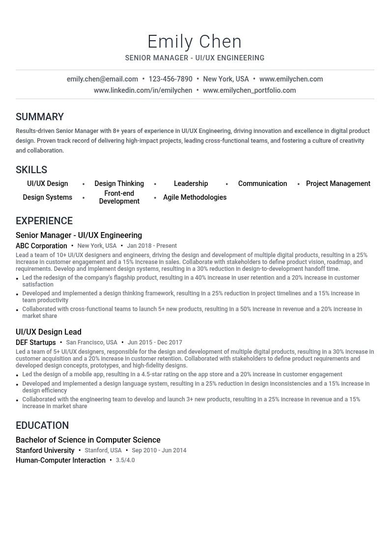 Senior Manager - UI/UX Engineering resume example