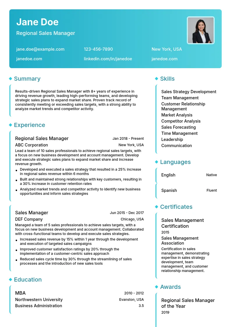 Regional Sales Manager resume example