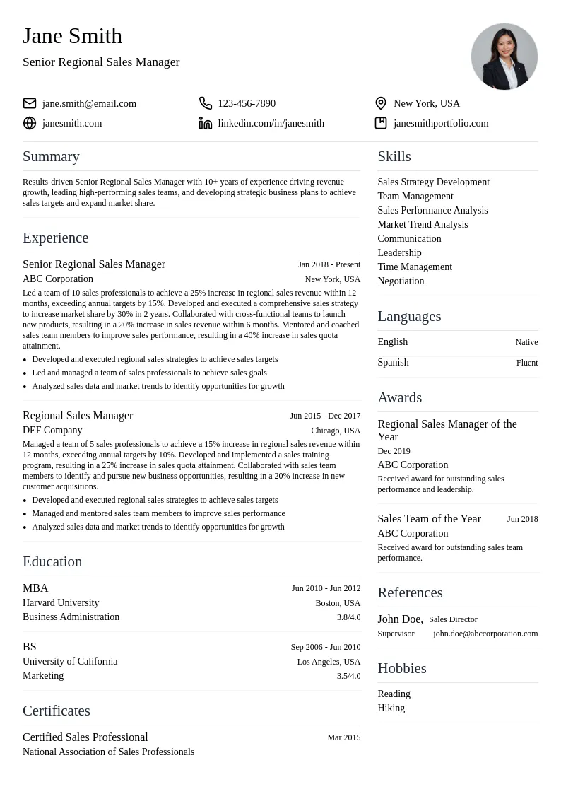 Senior Regional Sales Manager resume example