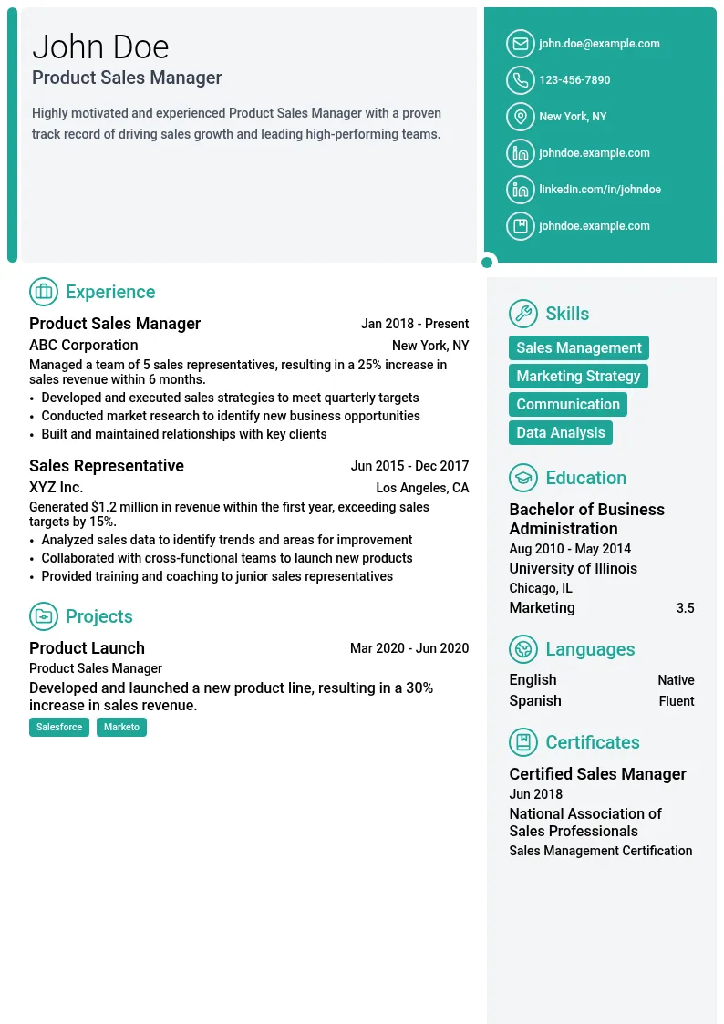 Product Sales Manager resume example