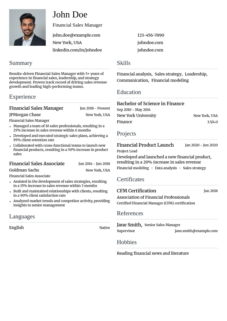 Financial Sales Manager resume example