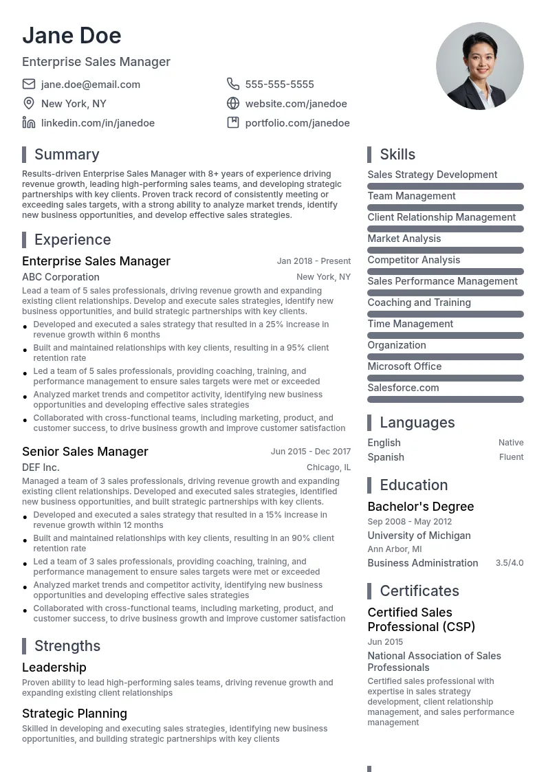 Enterprise Sales Manager resume example