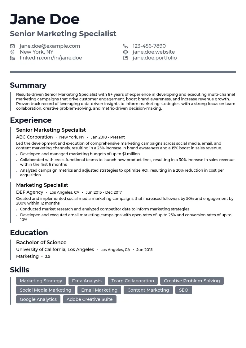 Senior Marketing Specialist resume example