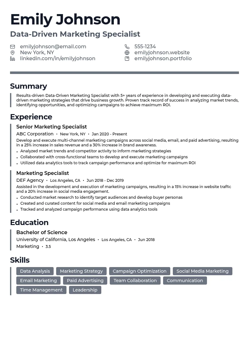 Data-Driven Marketing Specialist resume example