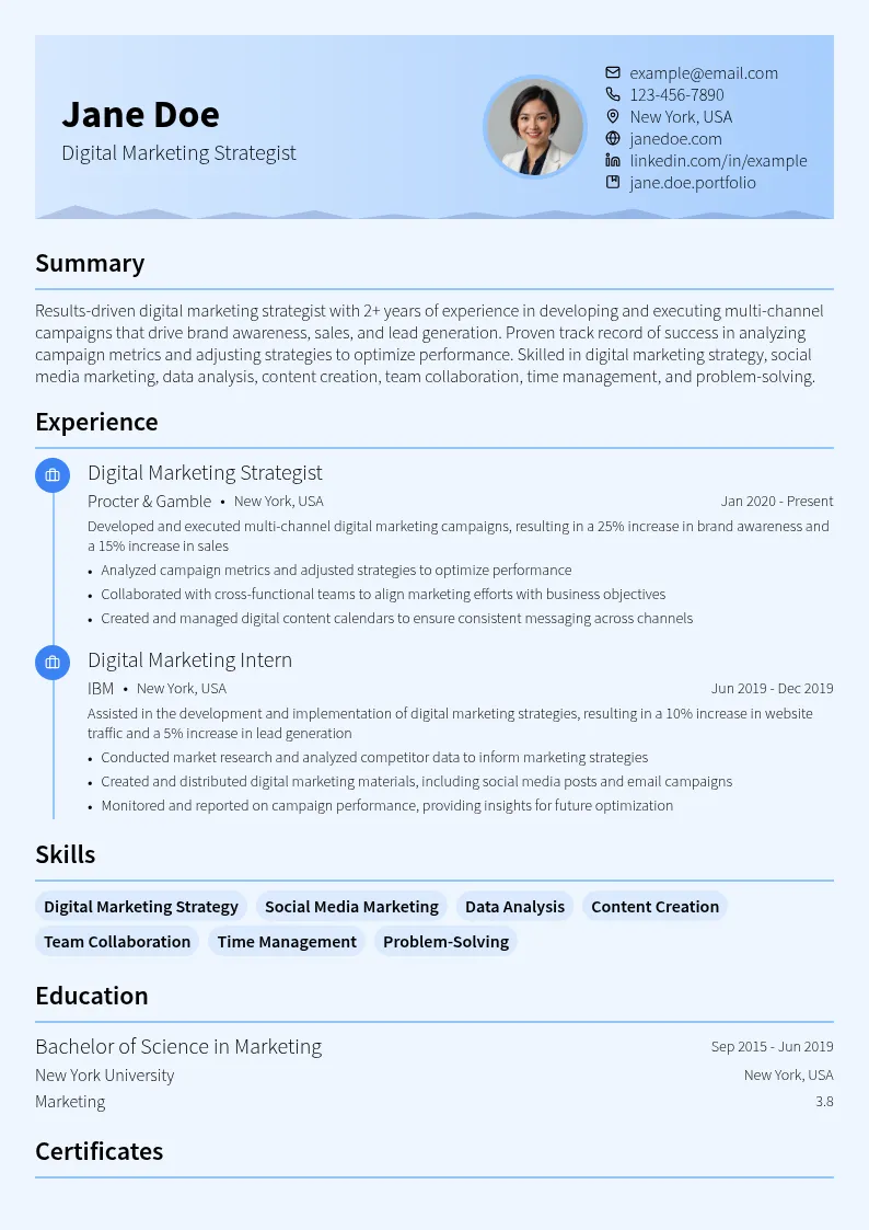 Digital Marketing Strategist resume example