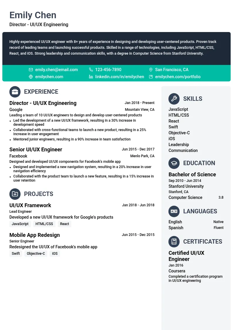 Director - UI/UX Engineering resume example
