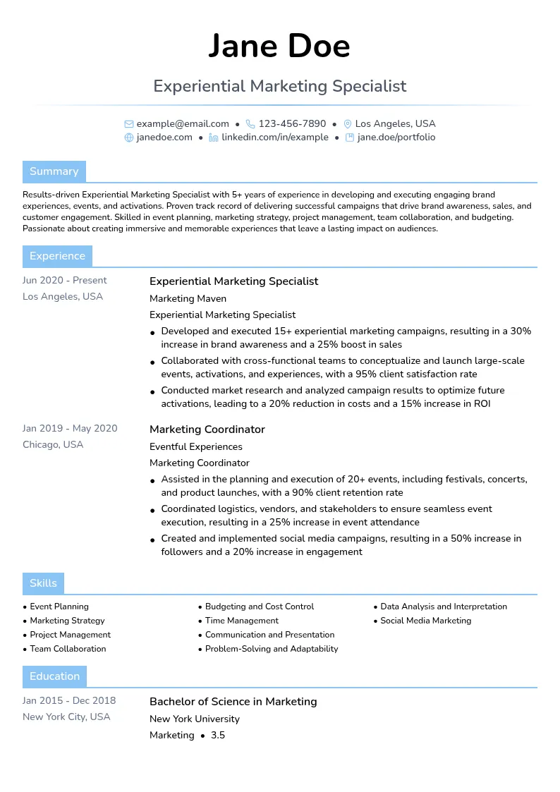 Experiential Marketing Specialist resume example