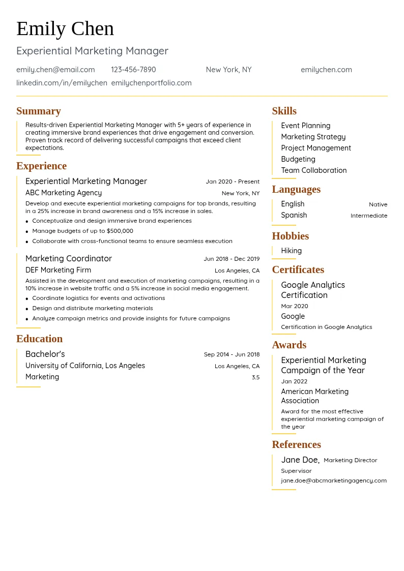 Experiential Marketing Manager resume example