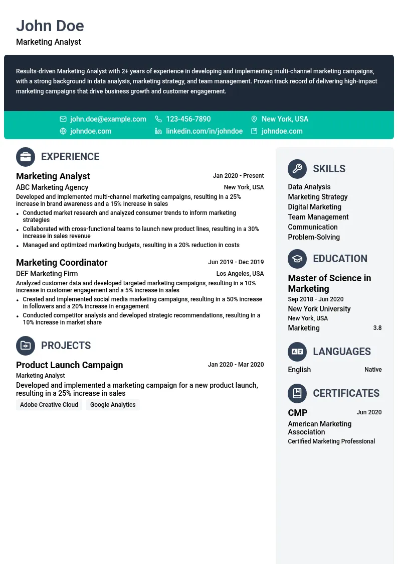 Marketing Analyst resume example