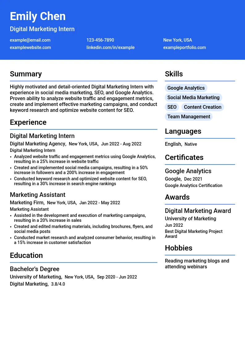 Digital Marketing Intern resume example