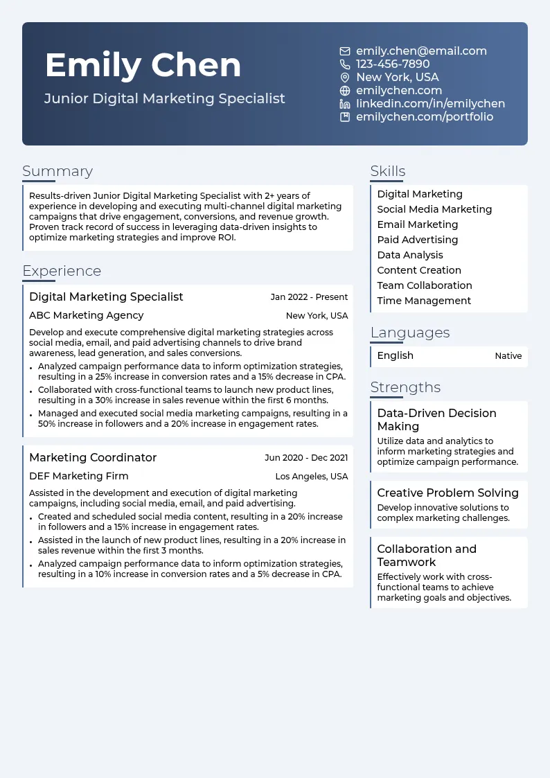 Junior Digital Marketing Specialist resume example