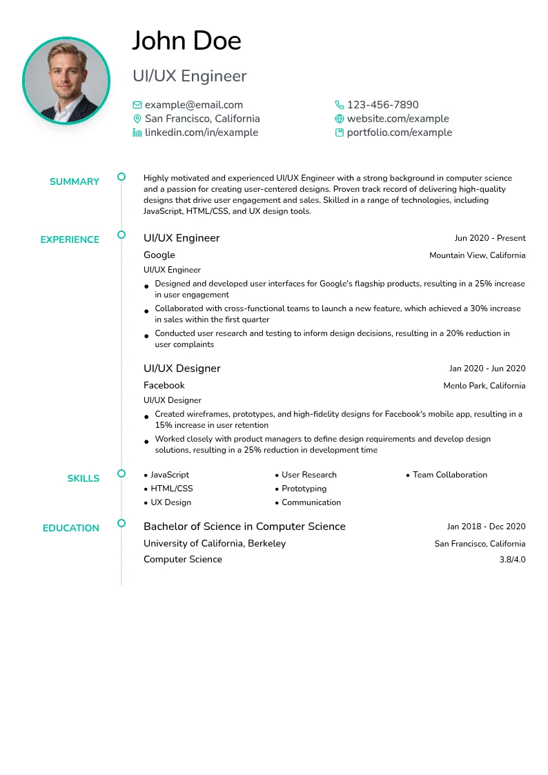 UI/UX Engineer Specialization resume example