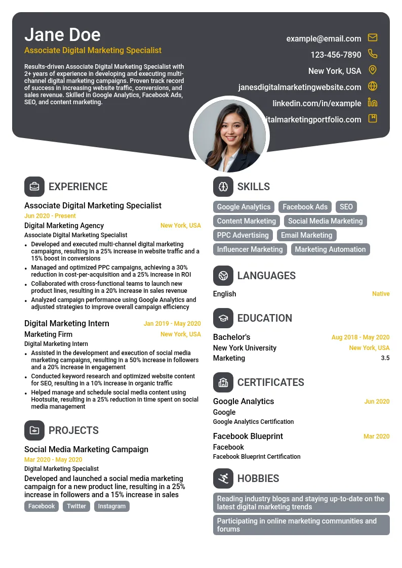 Associate Digital Marketing Specialist resume example