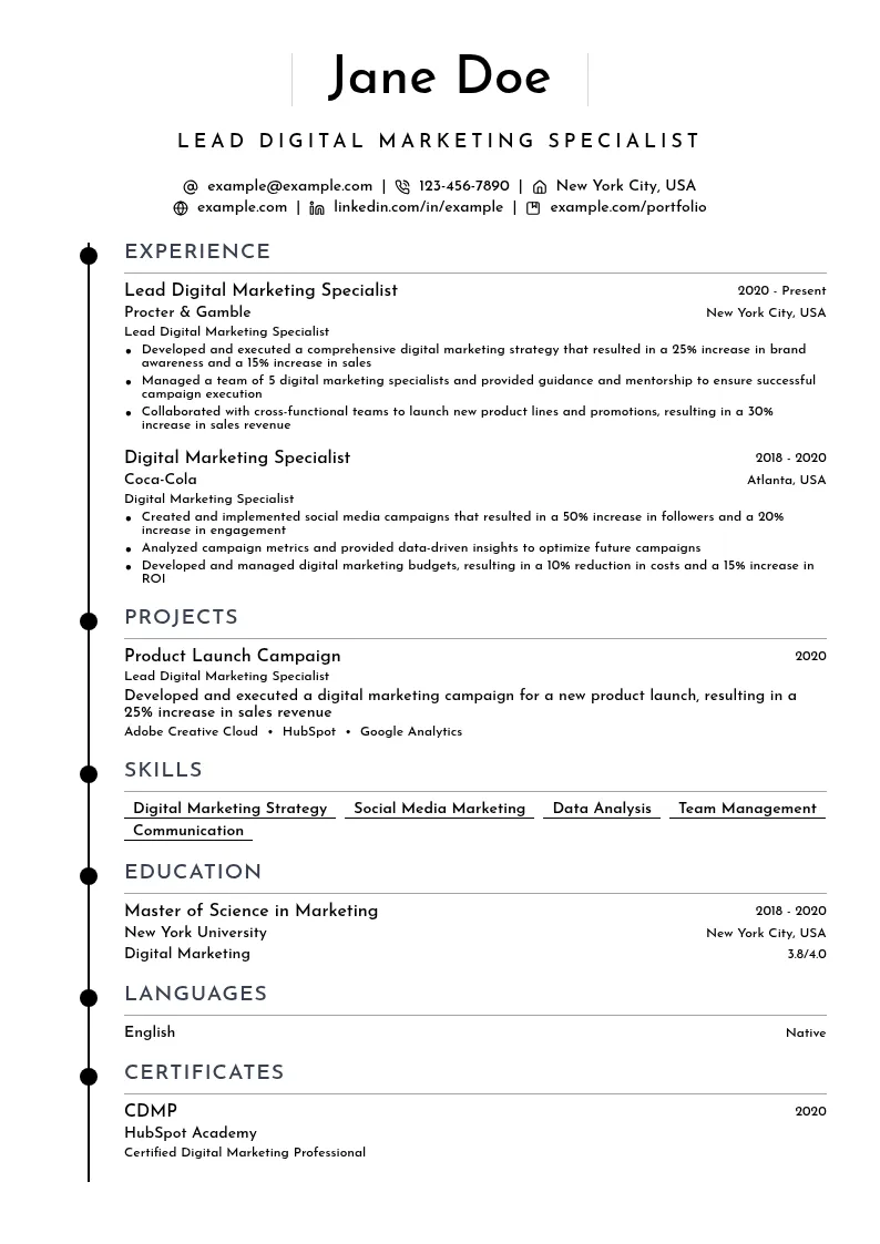 Lead Digital Marketing Specialist resume example
