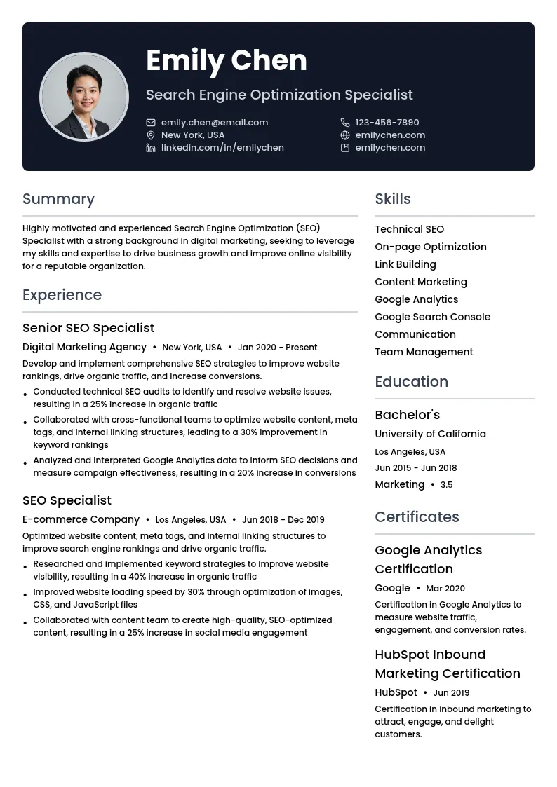 Search Engine Optimization Specialist resume example