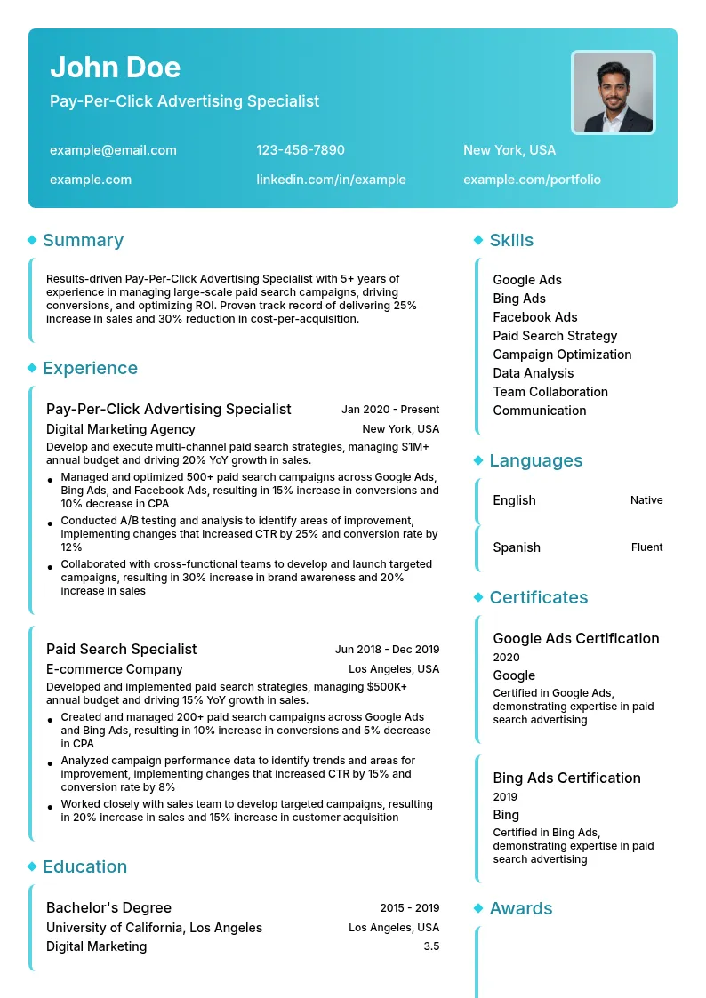 Pay-Per-Click Advertising Specialist resume example