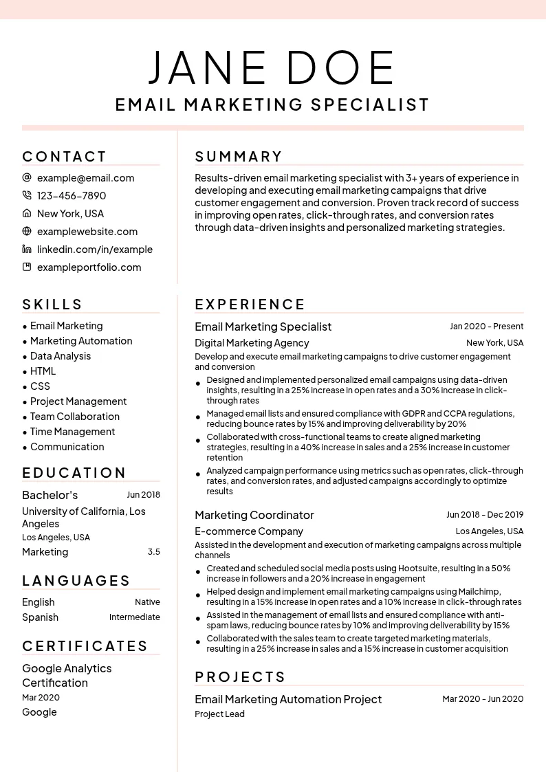 Email Marketing Specialist resume example