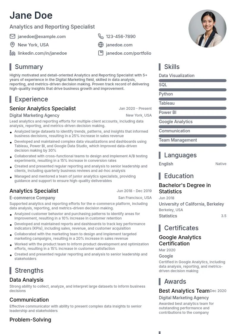Analytics and Reporting Specialist resume example
