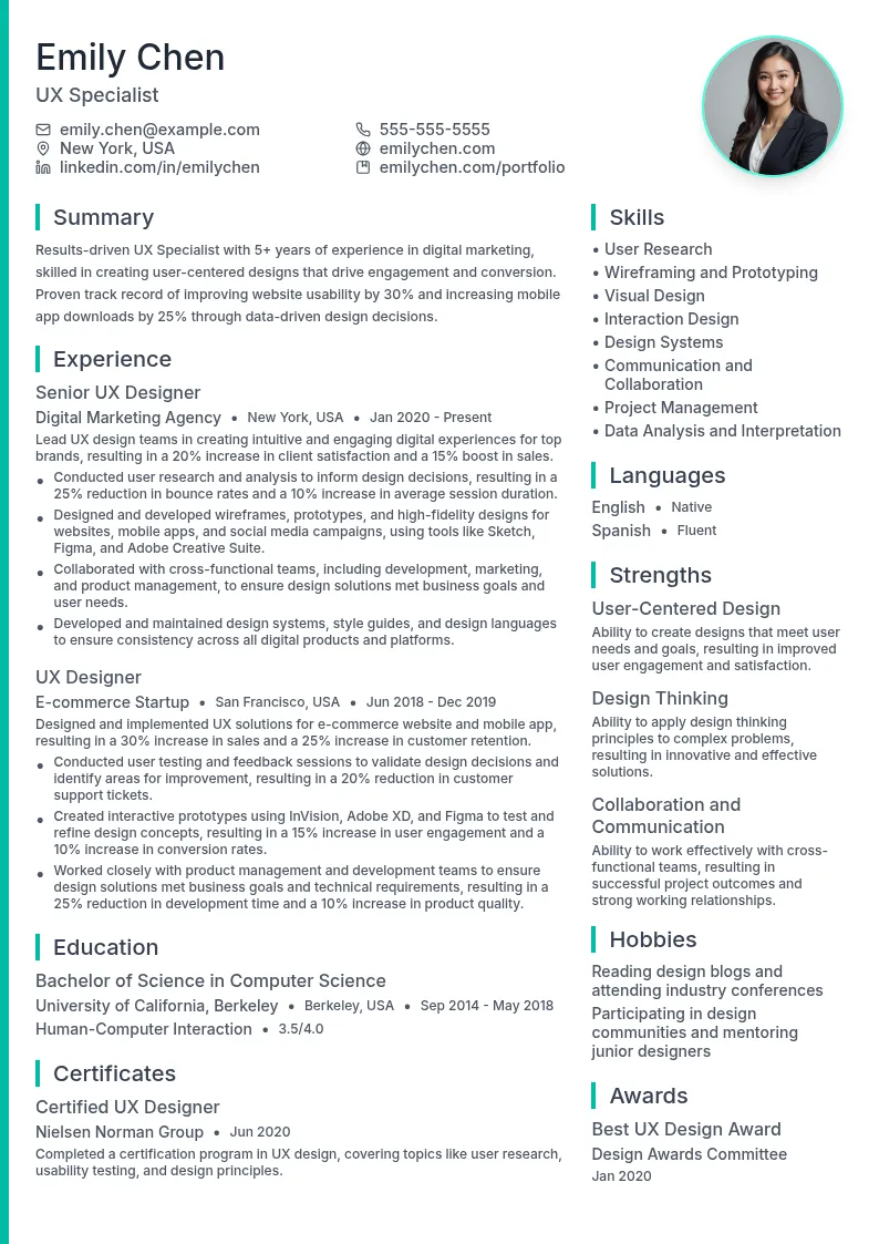User Experience (UX) Specialist for Digital Marketing resume example