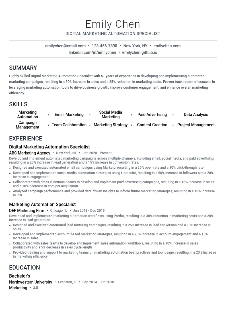 Digital Marketing Automation Specialist resume example