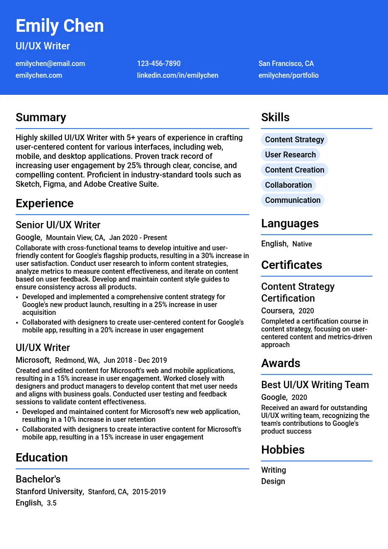 UI/UX Writer resume example