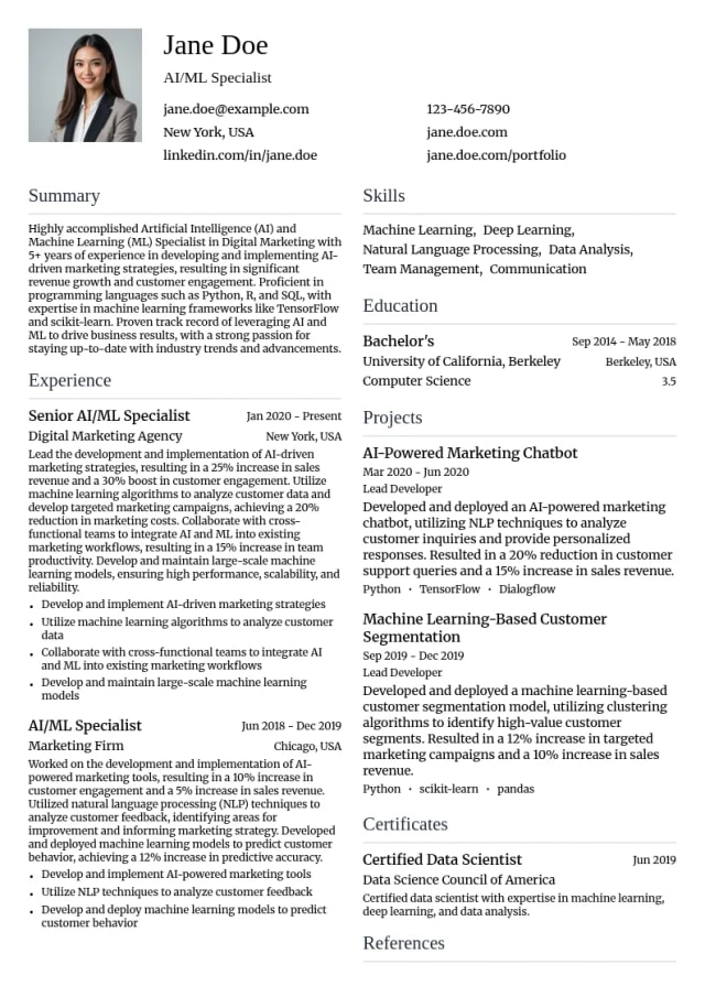 Artificial Intelligence (AI) and Machine Learning (ML) Specialist in Digital Marketing resume example