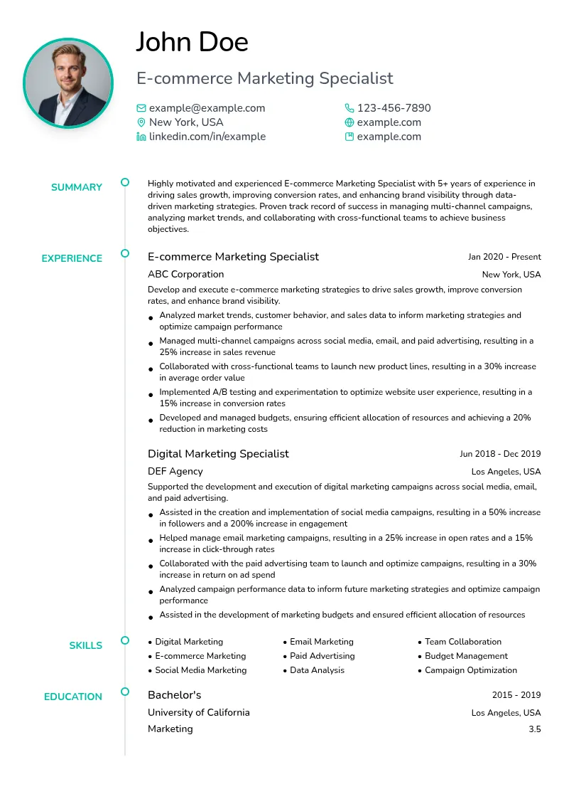 E-commerce Marketing Specialist resume example