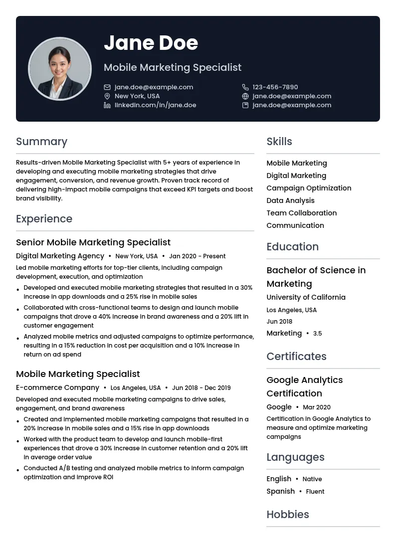 Mobile Marketing Specialist resume example
