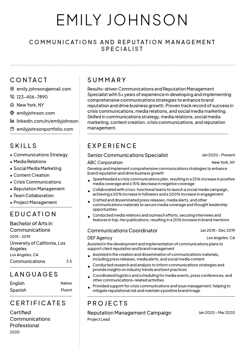 Communications and Reputation Management Specialist resume example