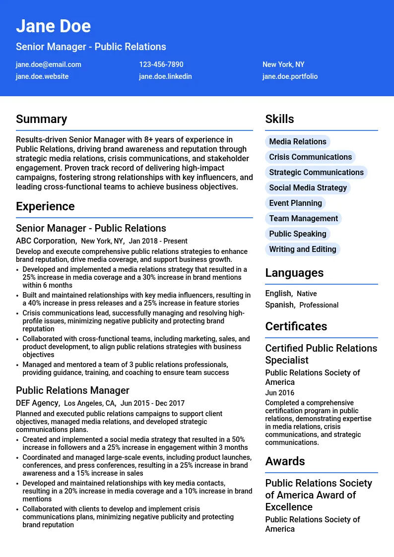Senior Manager - Public Relations resume example