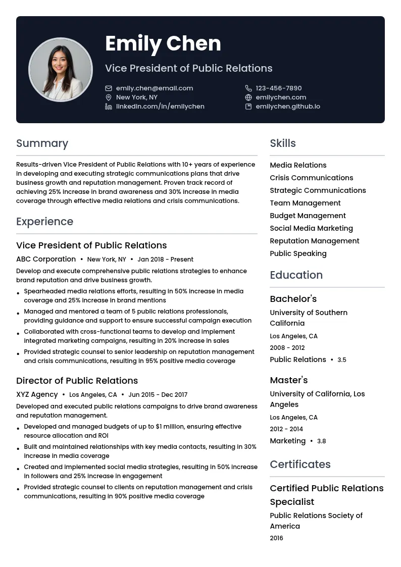 Vice President of Public Relations resume example