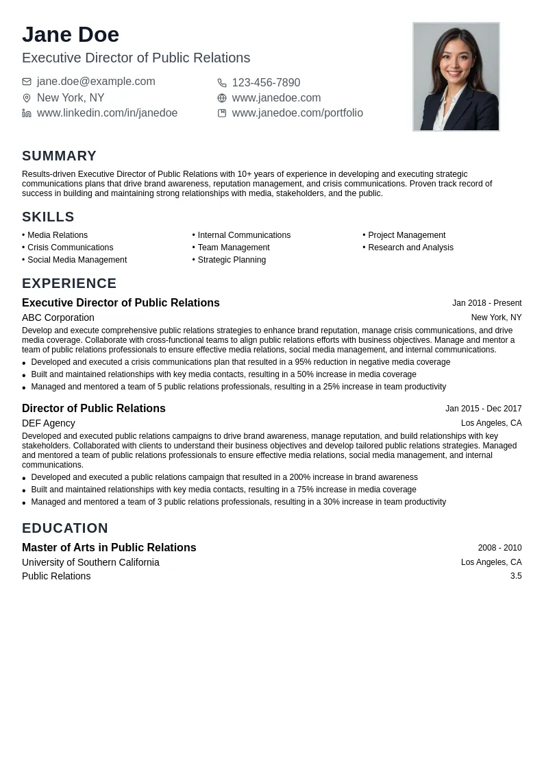 Executive Director of Public Relations resume example