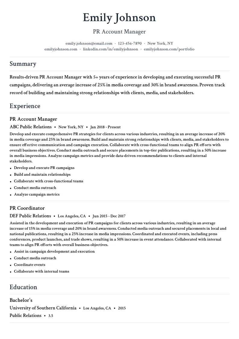 PR Account Manager resume example