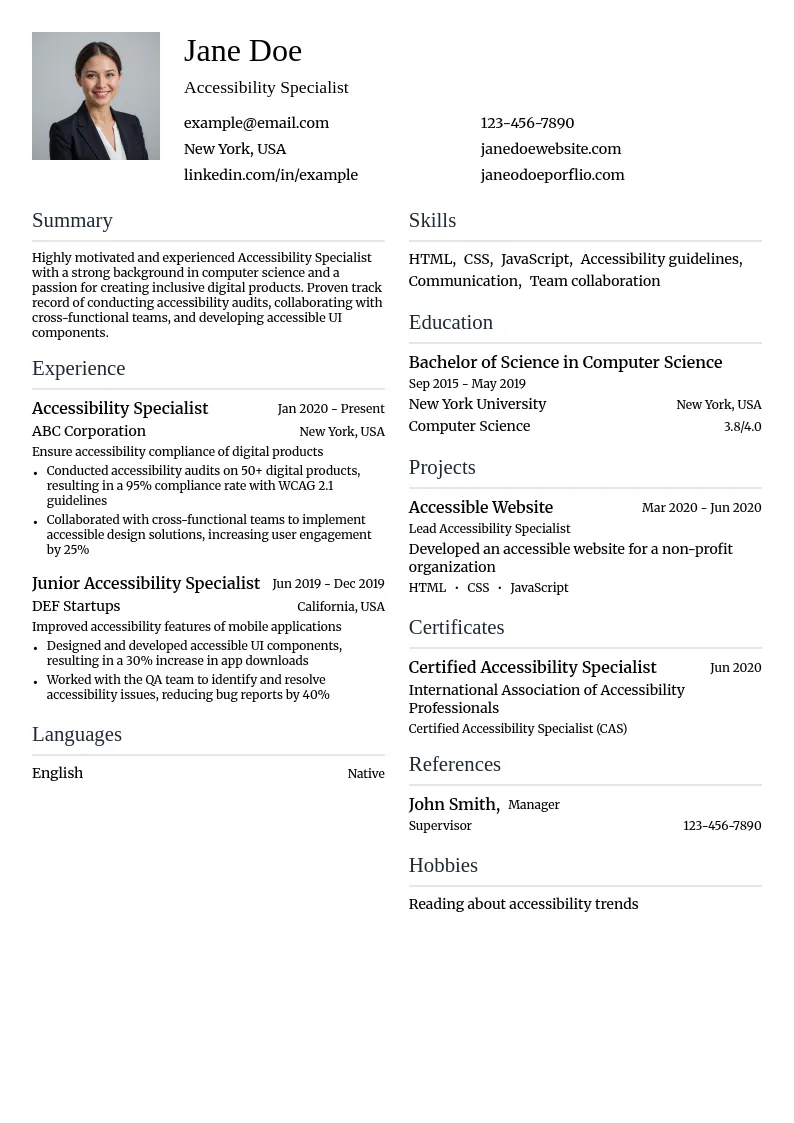 Accessibility Specialist resume example