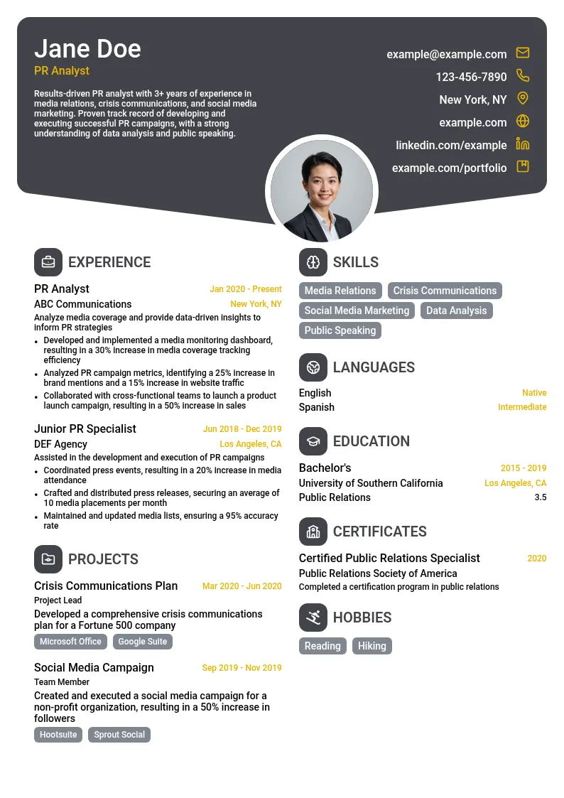 PR Analyst resume example