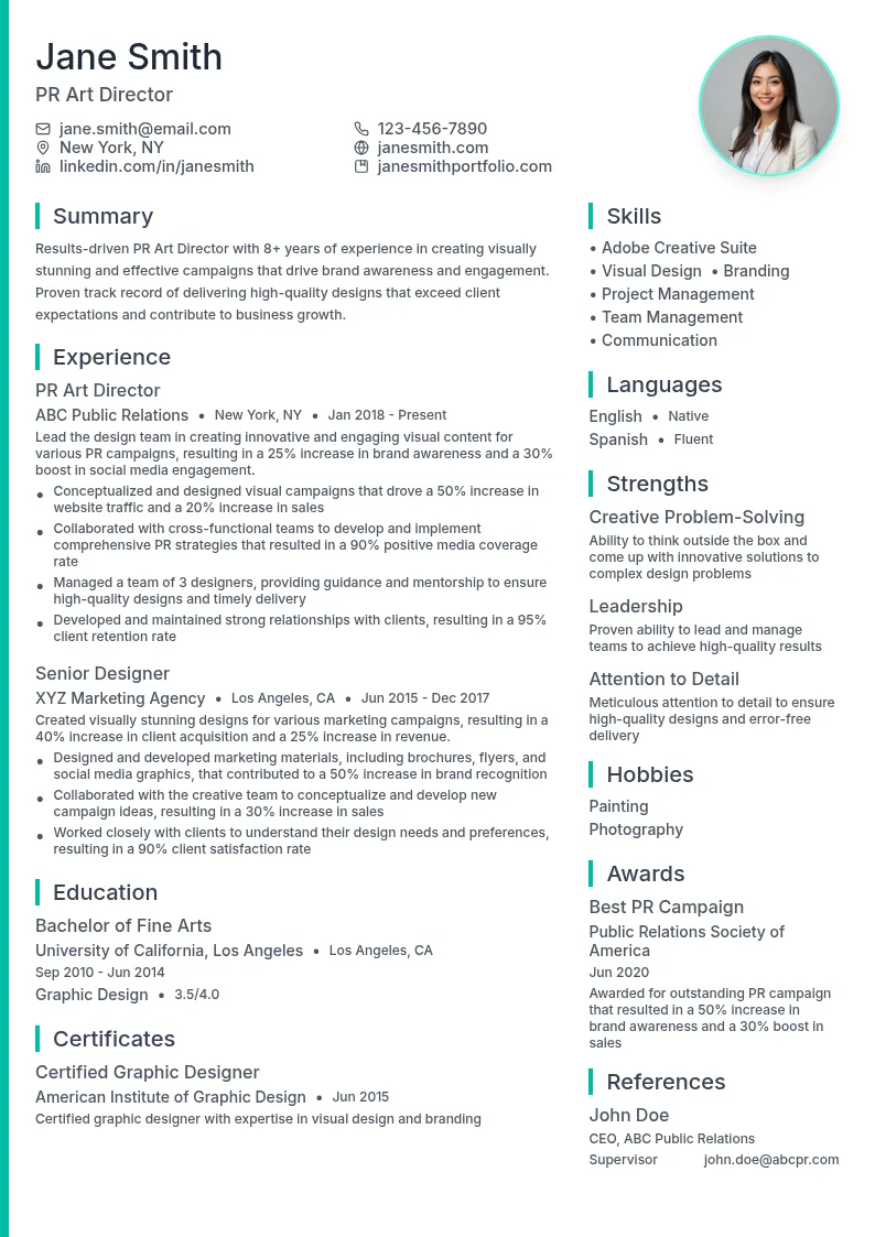 PR Art Director resume example