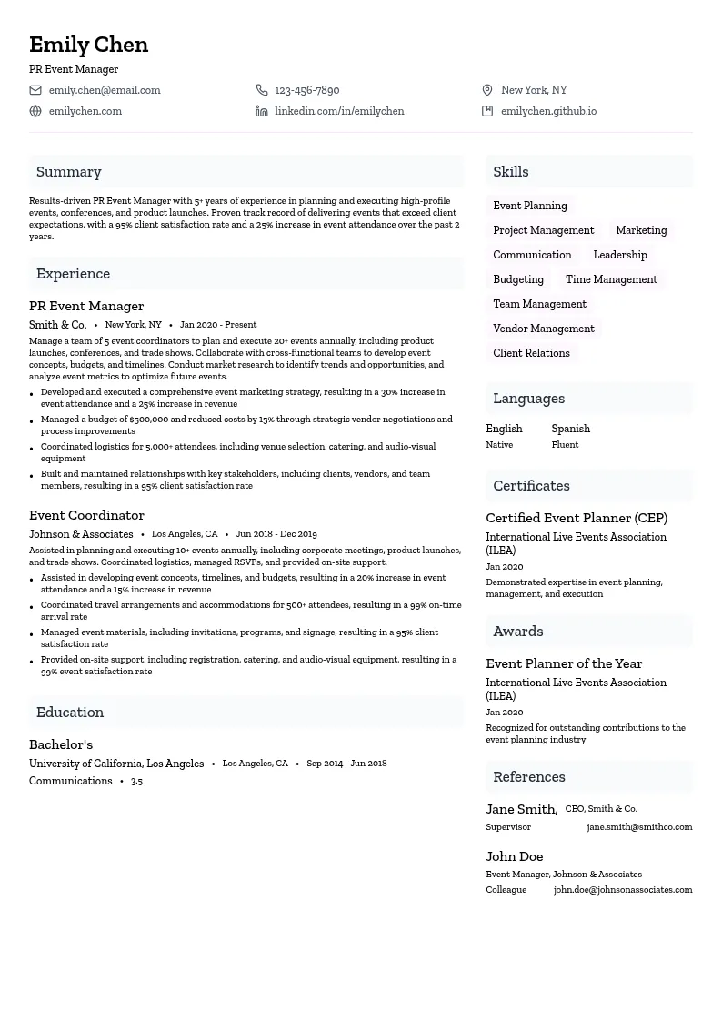 PR Event Manager resume example