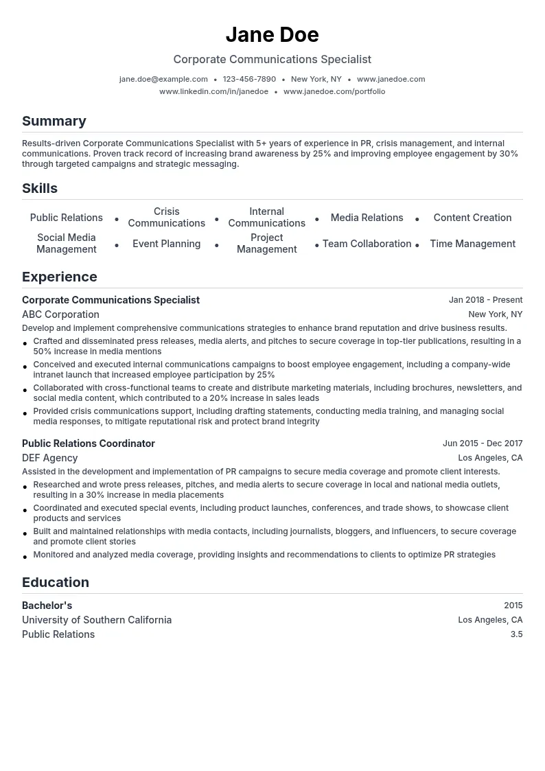 Corporate Communications Specialist resume example