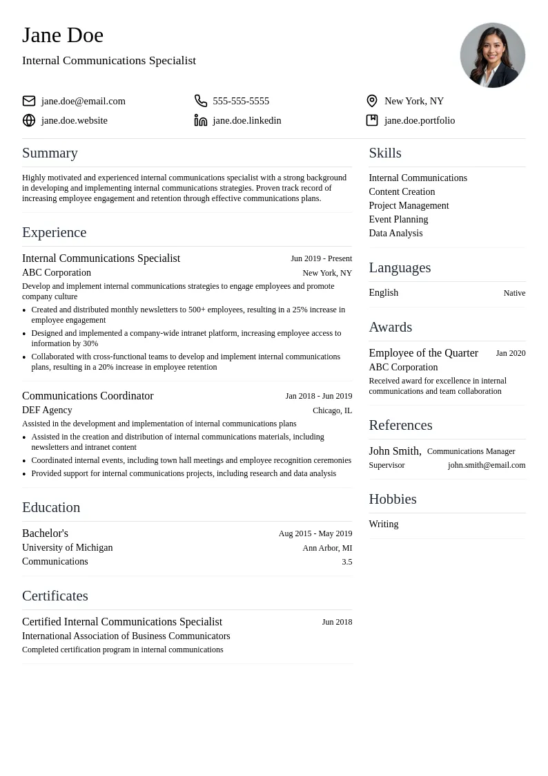 Internal Communications Specialist resume example
