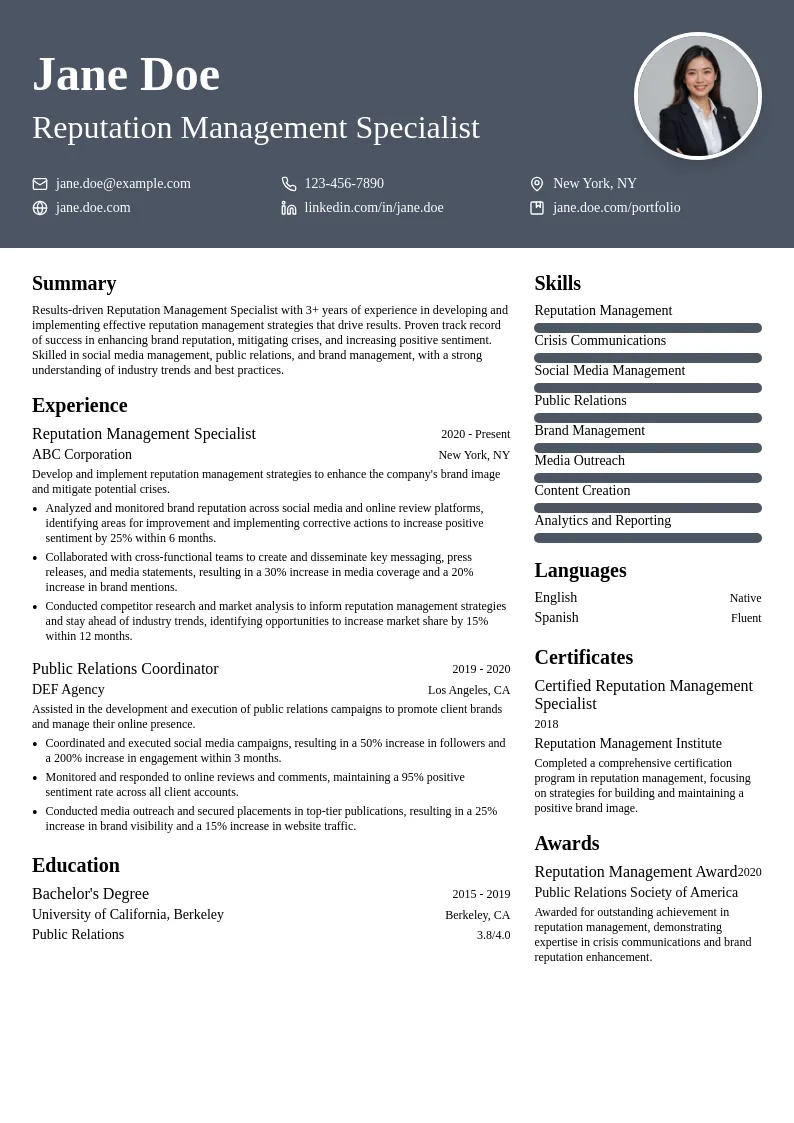 Reputation Management Specialist resume example