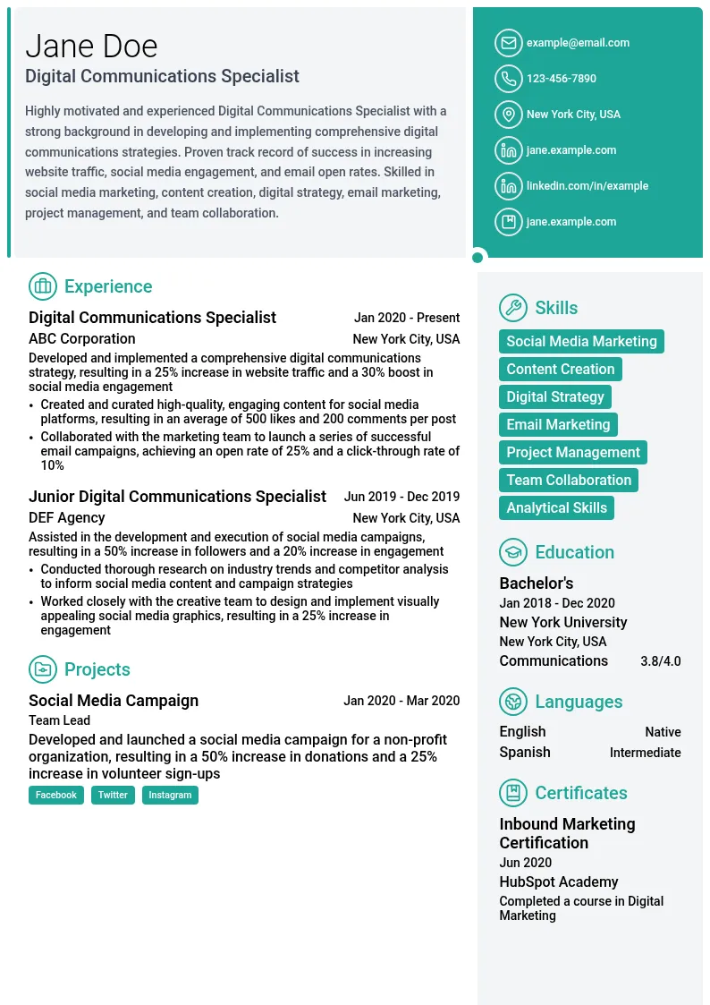 Digital Communications Specialist resume example