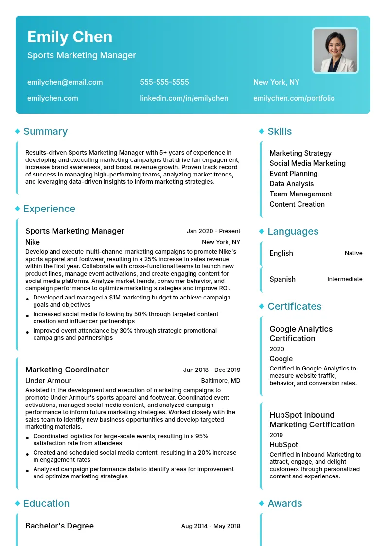 Sports Marketing Manager resume example
