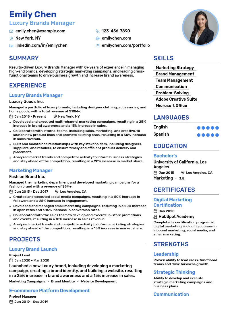 Luxury Brands Manager resume example