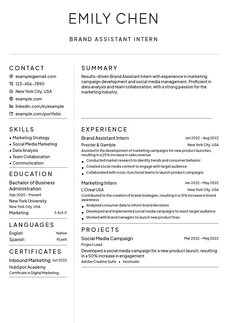 Brand Assistant Intern resume example