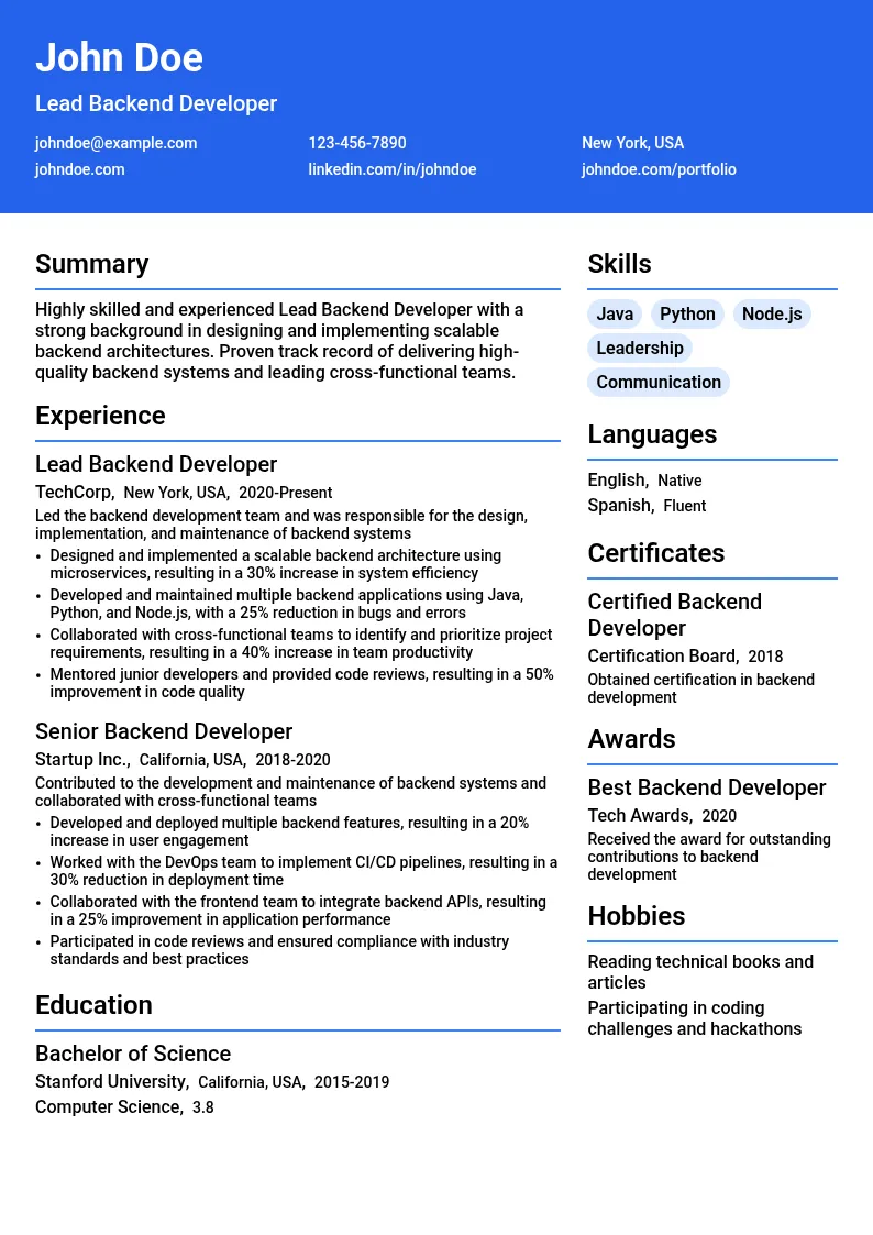 Lead Backend Developer resume example